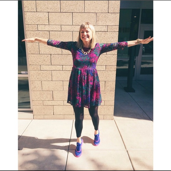 Lace watercolor jeweltone dress with sheer sleeves - Picture 2 of 6